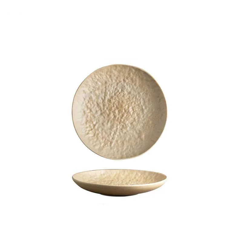 Stone Sand handcrafted ceramic dinner plate, top and side view on white background, 23cm artisan tableware
