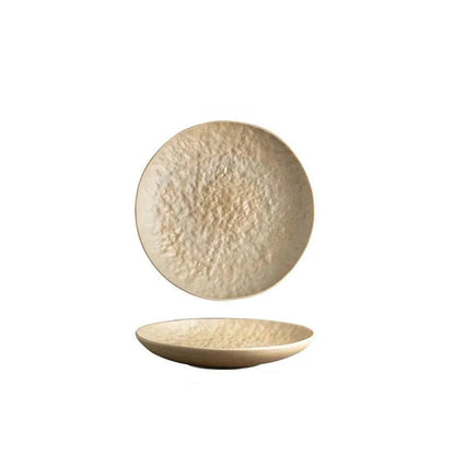 Stone Sand handcrafted ceramic dinner plate, top and side view on white background, 23cm artisan tableware