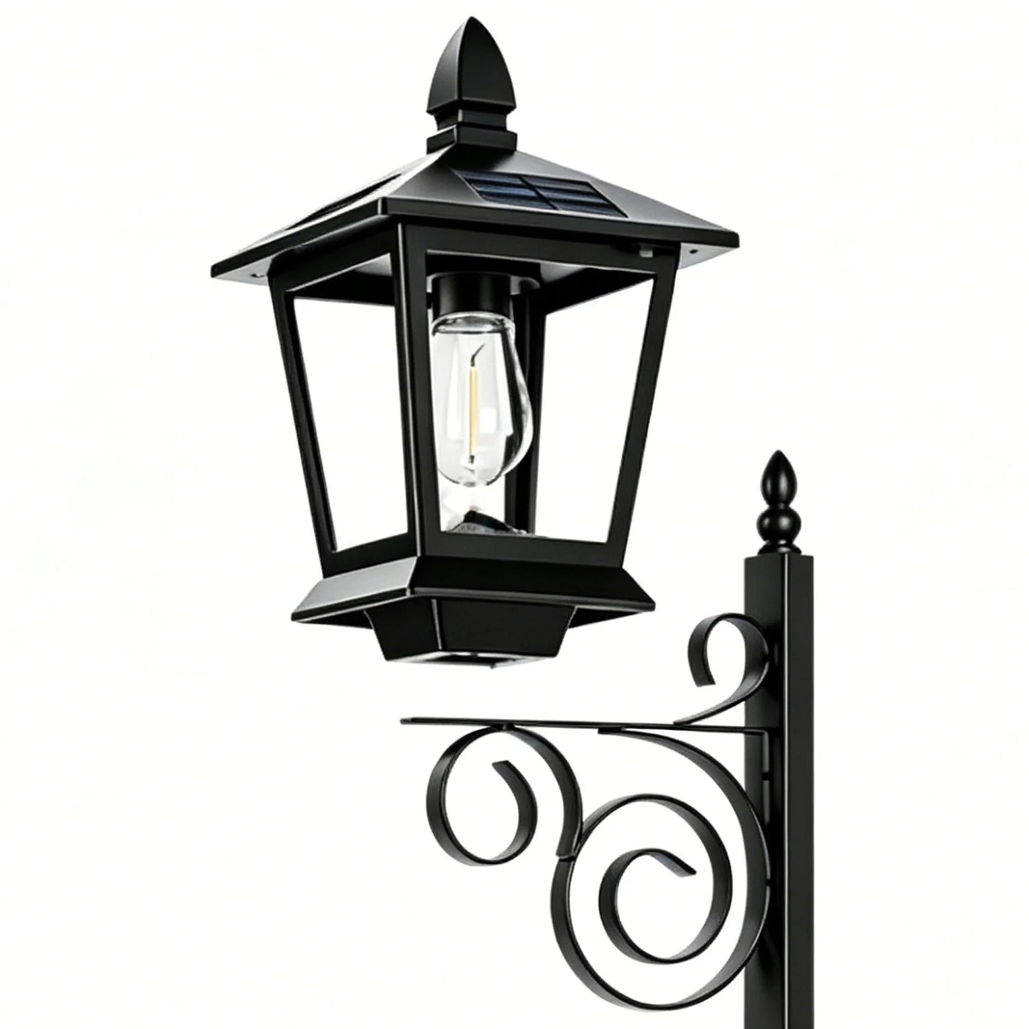 Solar garden post lantern in matte black with ornate scrollwork bracket and integrated square planter box — front view on white background
