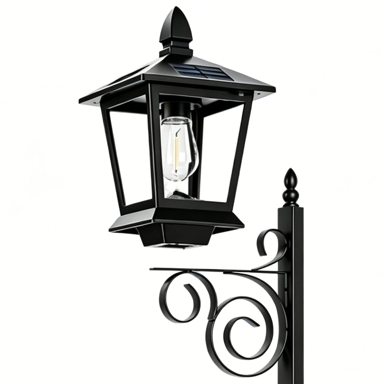 Solar garden post lantern in matte black with ornate scrollwork bracket and integrated square planter box — front view on white background