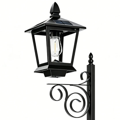 Solar garden post lantern in matte black with ornate scrollwork bracket and integrated square planter box — front view on white background