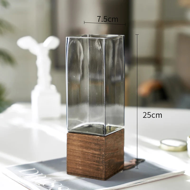 "Timber & Glass" Square Stem Vase — Slim 7.5 × 25cm — tall transparent glass vase with solid wood base, zen home decor