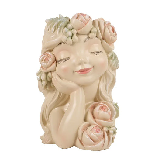 "Rose Muse" resin fairy head planter in Blush Cream — front view on white background showing full sculpted detail