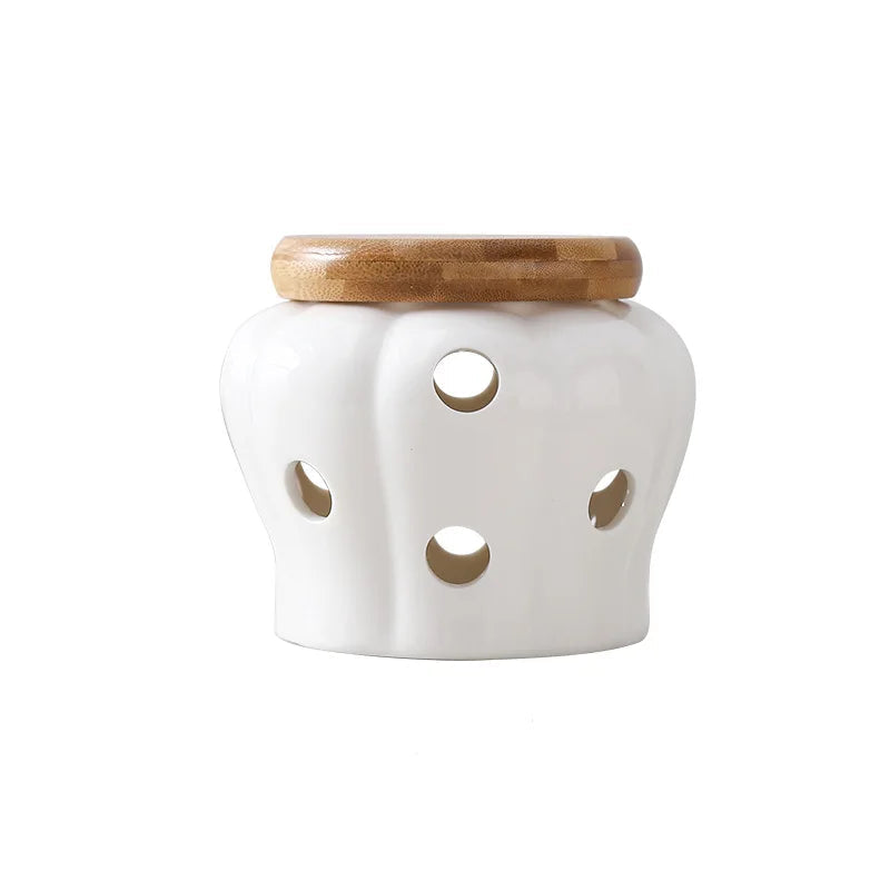 Chalk white ceramic garlic and ginger storage jar with pumpkin shape and natural bamboo lid, CL House & Home