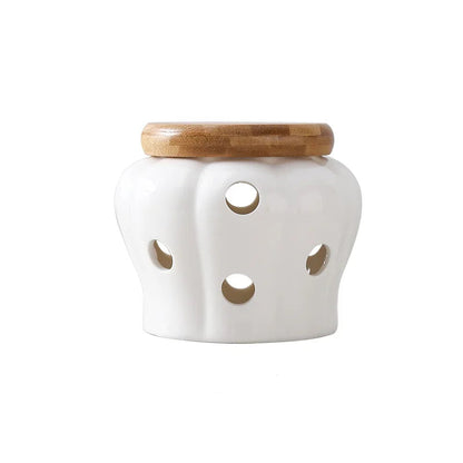 Chalk white ceramic garlic and ginger storage jar with pumpkin shape and natural bamboo lid, CL House & Home