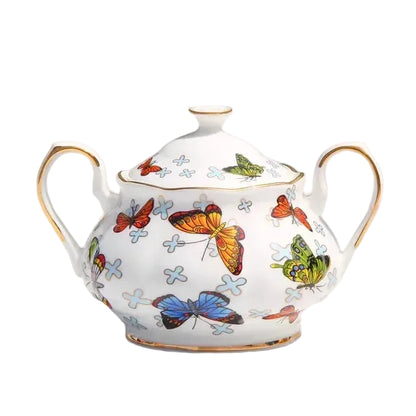 (Sugar Bowl 300ml):

"White bone china sugar bowl with butterfly print and gold rim, 300ml — CL House Tea Time"