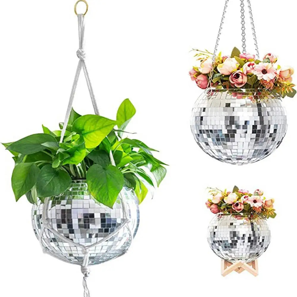 Disco ball planter

Mirrored hanging basket

Retro plant pot

Mirror ball flower vase

Boho-glam home decor

Hanging globe planter

Funky indoor garden accessories

Plant lover gift UK

Reflective hanging pot