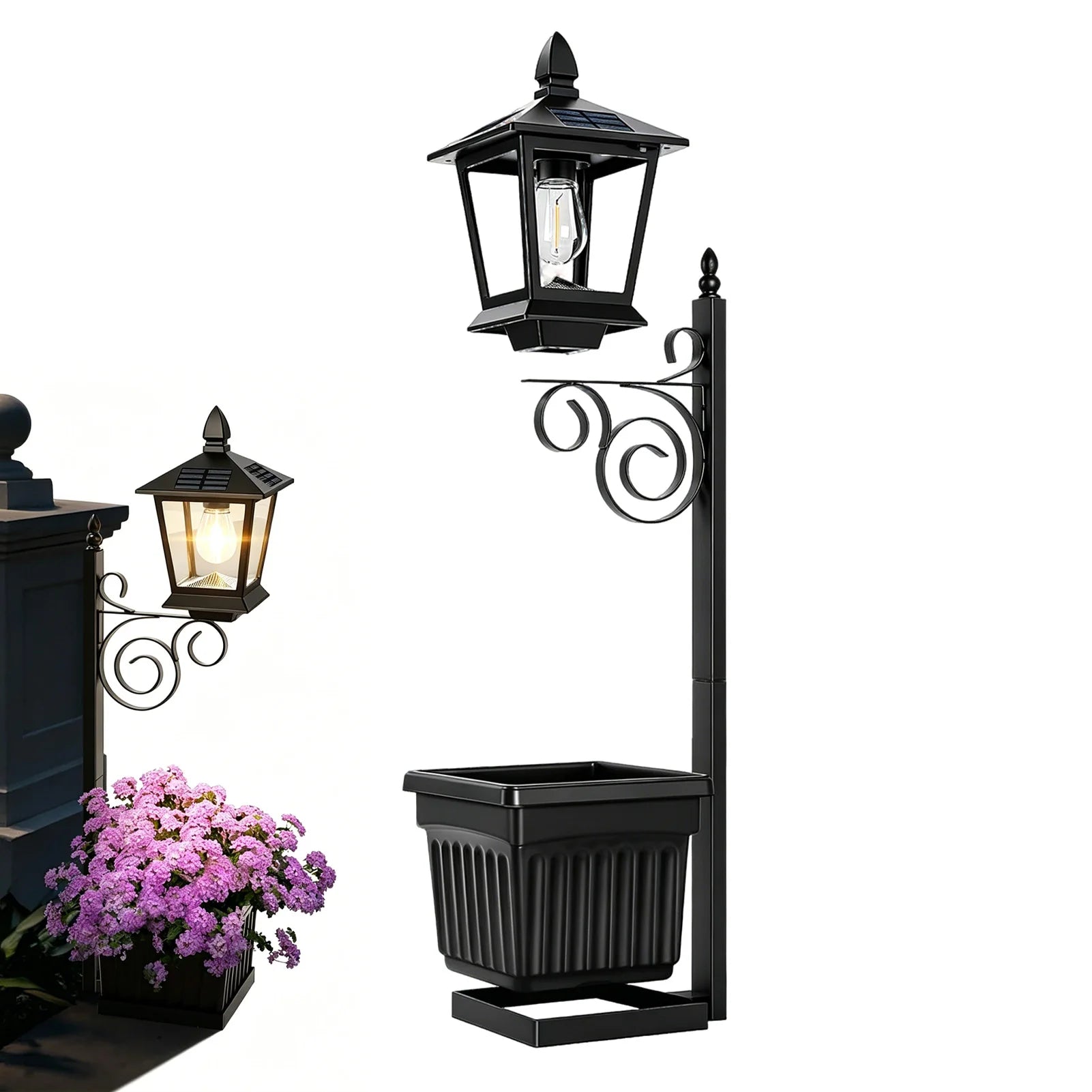 Two matte black solar garden post lanterns with integrated planter boxes, one as freestanding floor post and one wall-mounted glowing with warm light beside pink flowering shrubs