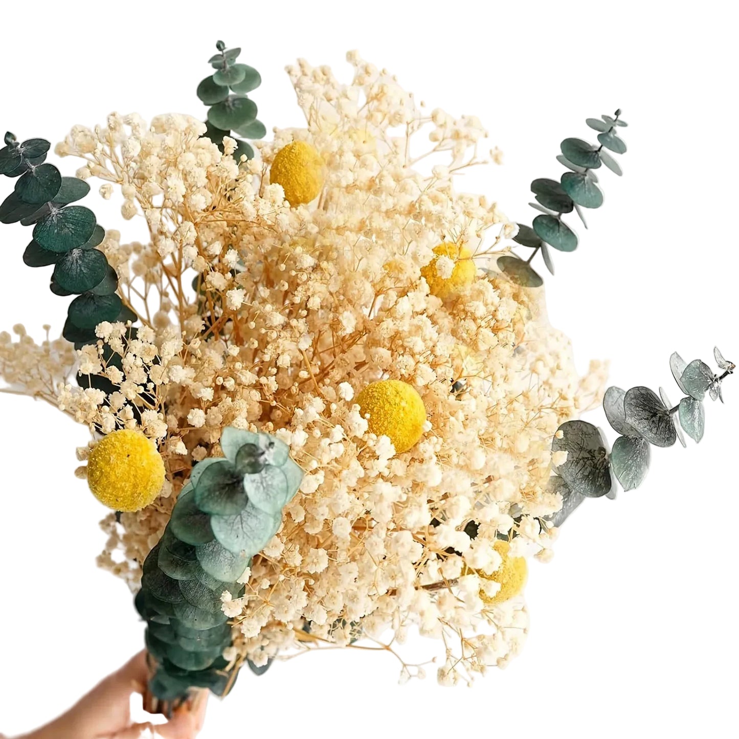  "Morning Gather" dried gypsophila and eucalyptus bouquet in Ivory & Sage — white gypsophila, sage green eucalyptus and craspedia stems, loose natural dried botanical arrangement