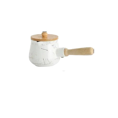  White marble ceramic milk jug with bamboo lid and wooden handle, side view on white background — Small variant of the Marble Pour Ceramic Milk Jug by CL House