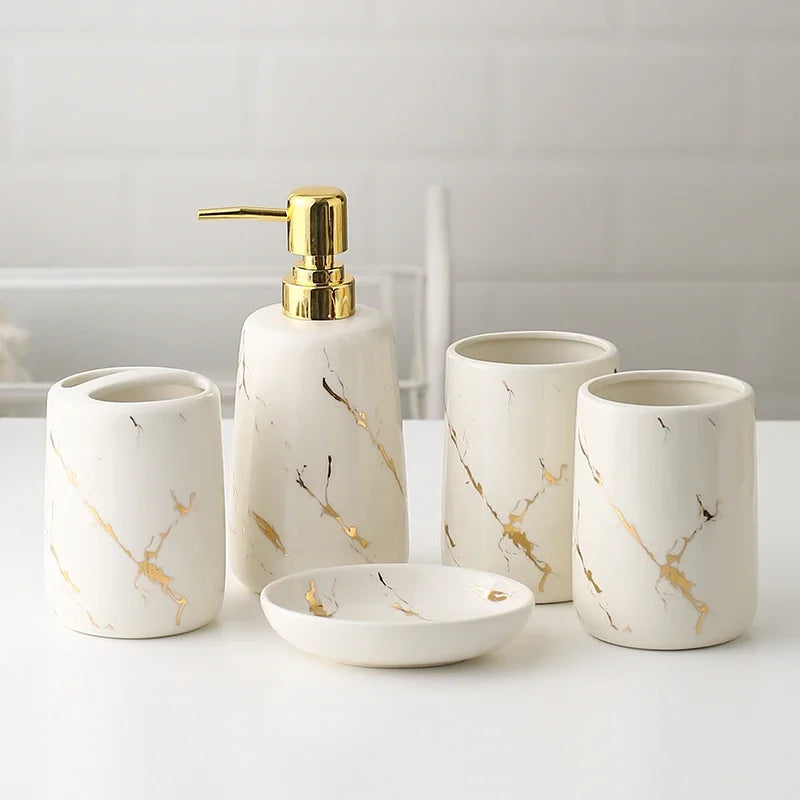 Marble porcelain bathroom set

Luxury bathroom accessories 

Ceramic soap dispenser set

Marble toothbrush holder

Vanity tray bathroom organiser

Porcelain toiletries suite

Modern bathroom decor

Marble effect bathroom kit


