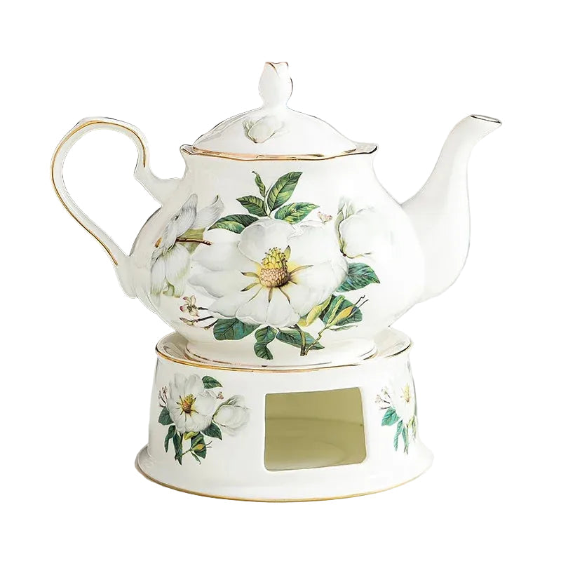 "White magnolia bone china teapot with gold trim on ceramic warmer stand, 900ml — CL House Tea Time collection"