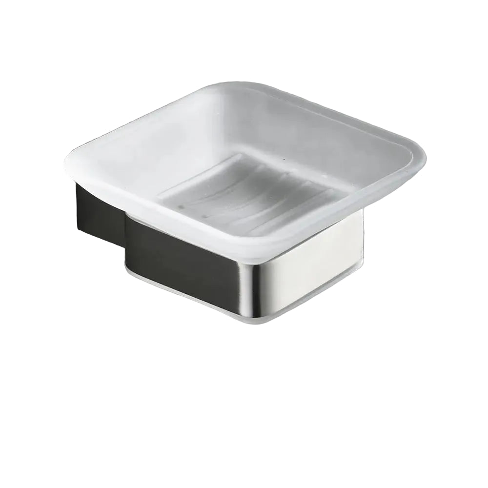  Wall-mounted soap dish with frosted glass tray and two-tone chrome and matte black stainless steel bracket, white background