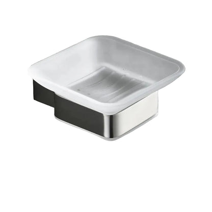  Wall-mounted soap dish with frosted glass tray and two-tone chrome and matte black stainless steel bracket, white background