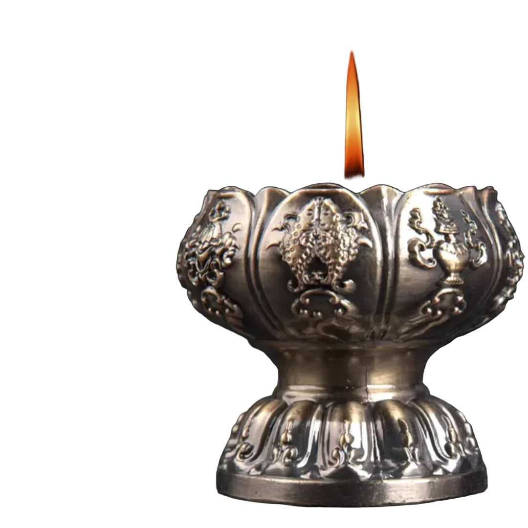 Eternal Glow Eight Auspicious Lotus Lamp – front view, dark copper lotus offering bowl with eight auspicious Buddhist symbols and dharma wheel engraving | CL House