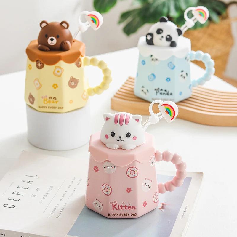 Cartoon Ceramic Mug Lid And Spoon Novelty Mug Kids Mug Cute Coffee Mug Gift Anime Kawaii