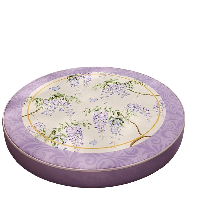 "Garden Scroll" zafu meditation cushion in lilac velvet — botanical print with cascading wisteria and butterflies, Ø40cm — CL House