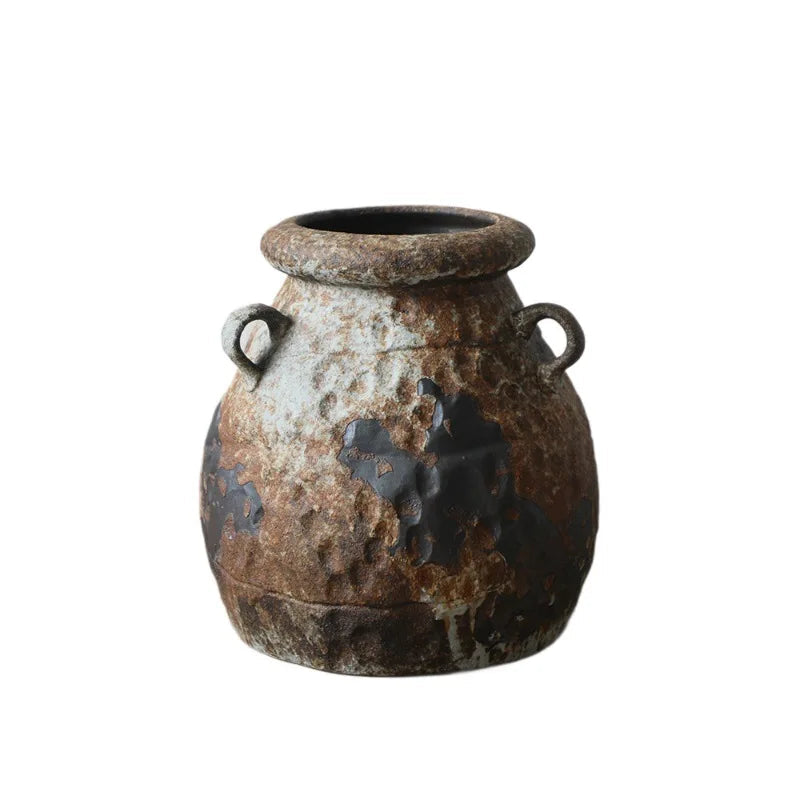 "Chalk Small wabi-sabi ceramic jar with hammered texture and loop handles