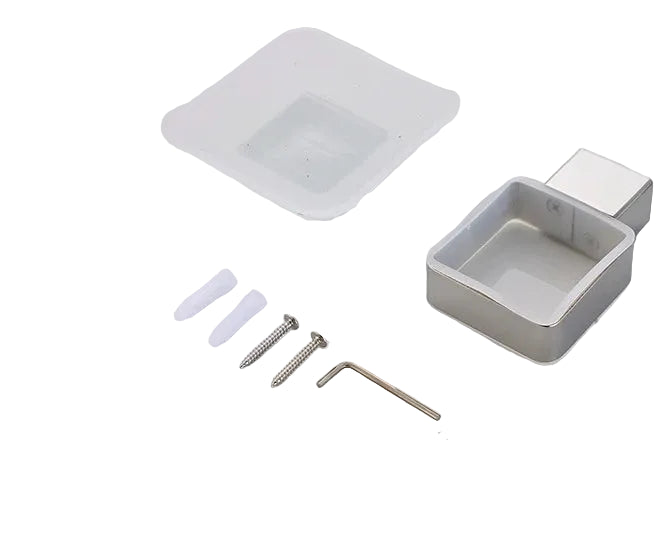Wall-mounted soap dish installation kit showing frosted glass tray, stainless steel bracket, wall plugs, screws and allen key, white background
