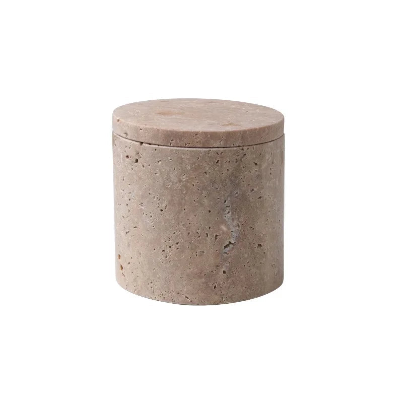 Natural travertine storage jar with lid, cylindrical form, warm beige stone texture, 10 × 10.3 cm — wabi-sabi bathroom organiser