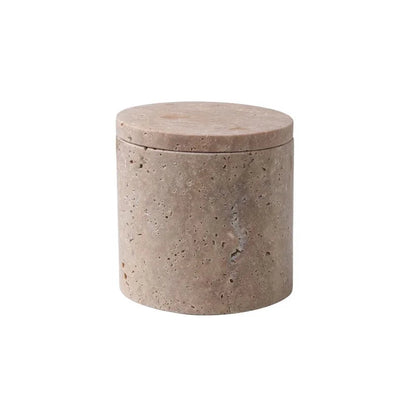 Natural travertine storage jar with lid, cylindrical form, warm beige stone texture, 10 × 10.3 cm — wabi-sabi bathroom organiser