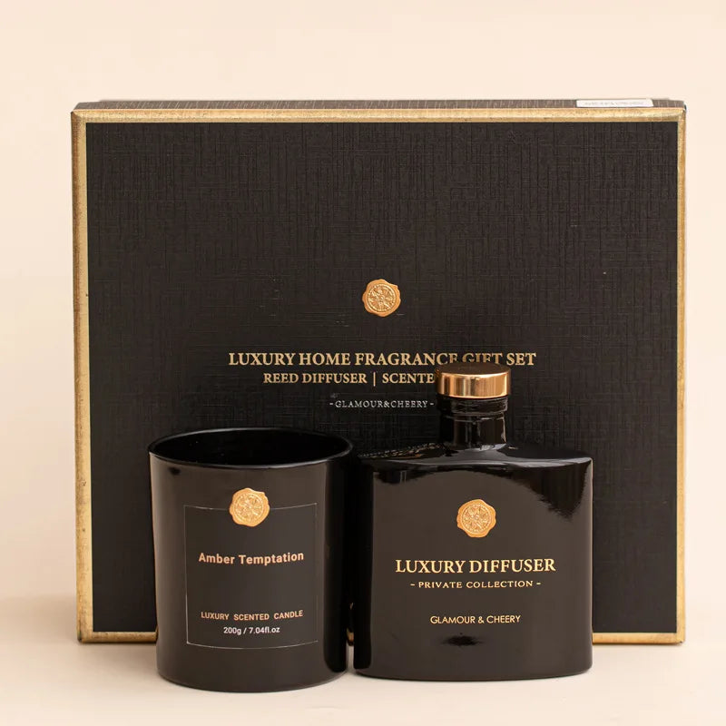 Glamour & Cheery Luxury Diffuser and scented candle — Ebony Rose and Amber Temptation black edition
