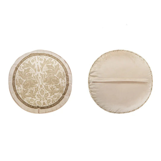 "Dark Forest" botanical velvet round cushion cover front and back view, cream ground with golden rabbits and floral botanical motif, typographic border, plain cream velvet reverse with braided rope trim — CL House Cushions collection