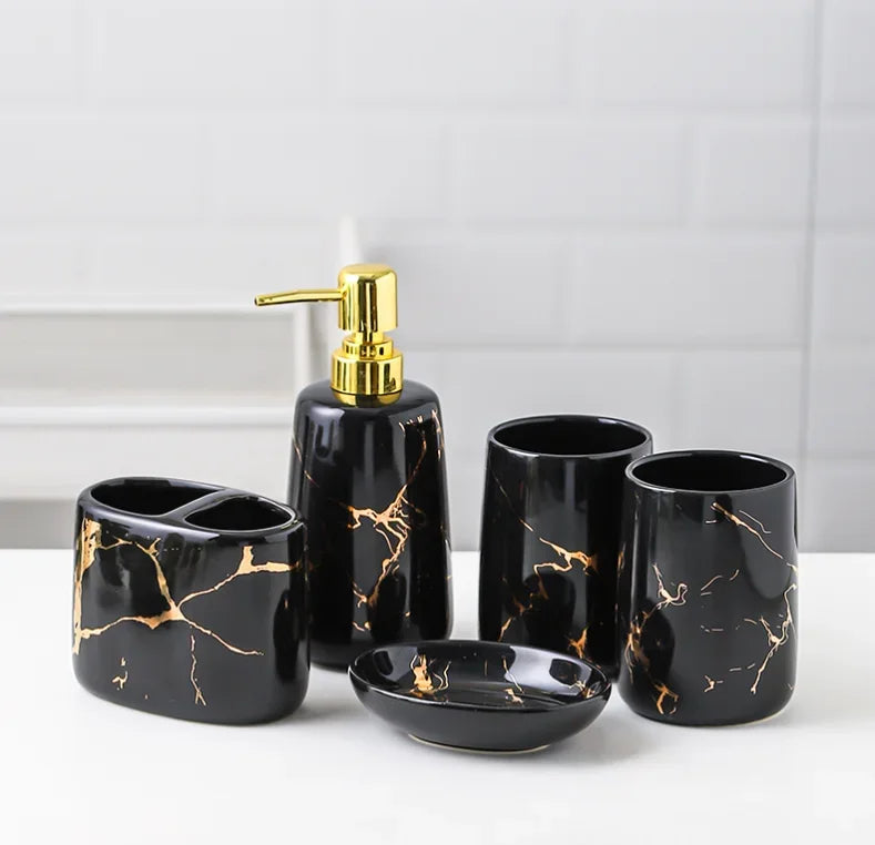 Marble porcelain bathroom set

Luxury bathroom accessories 

Ceramic soap dispenser set

Marble toothbrush holder

Vanity tray bathroom organiser

Porcelain toiletries suite

Modern bathroom decor

Marble effect bathroom kit

