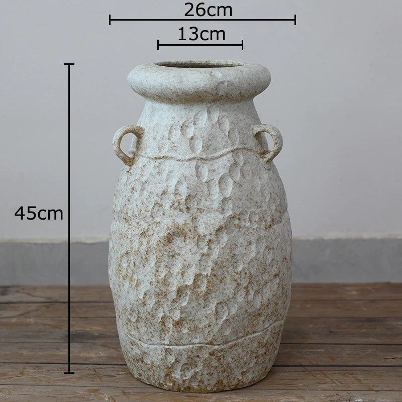 "Chalk Large wabi-sabi ceramic jar, tall 26×45cm with hammered surface and loop handles"