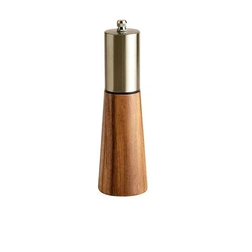 Acacia Twist single pepper mill on white background showing tapered acacia wood body and brushed silver stainless steel top with adjustment knob