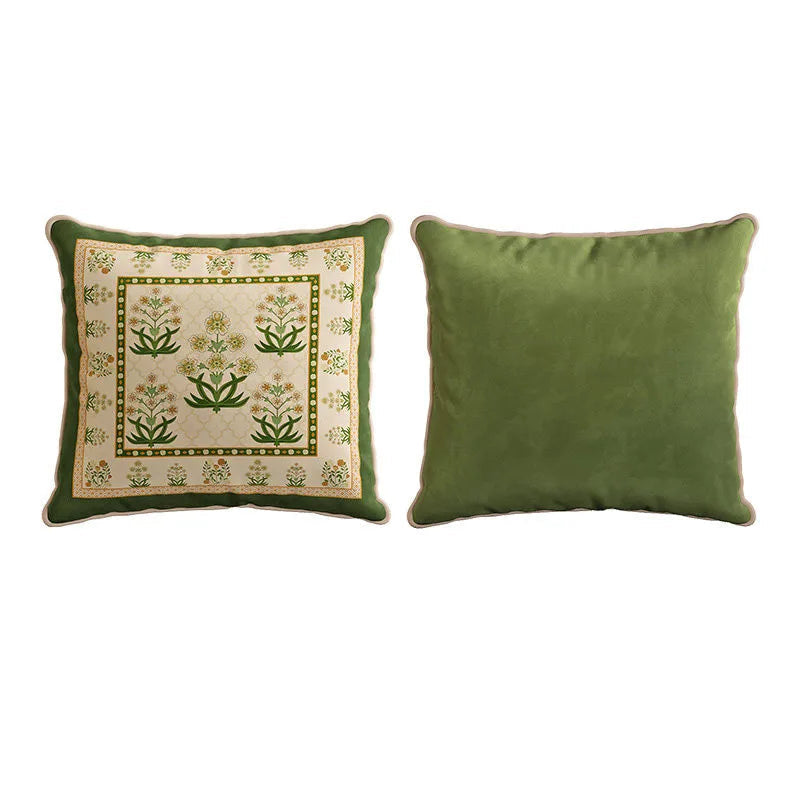 "Ivory Garden" Indo-Persian velvet cushion cover front and back — cream ground with green botanical block print, symmetrical floral bouquets and ornate border on front, plain sage green velvet reverse with cream piping — CL House