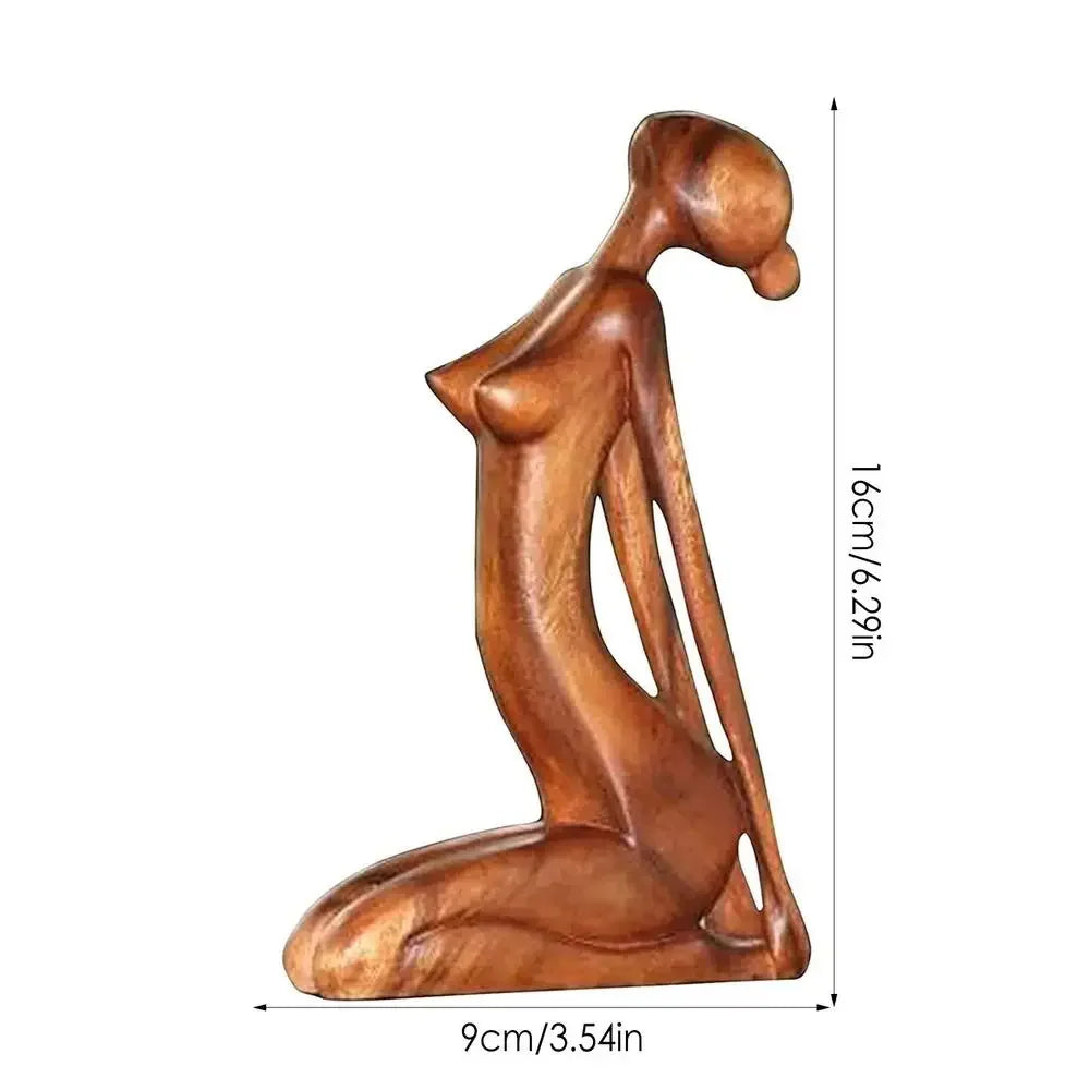 Still Forms Surrender — abstract wooden yoga figure folded forward in release pose, natural wood, zen decor