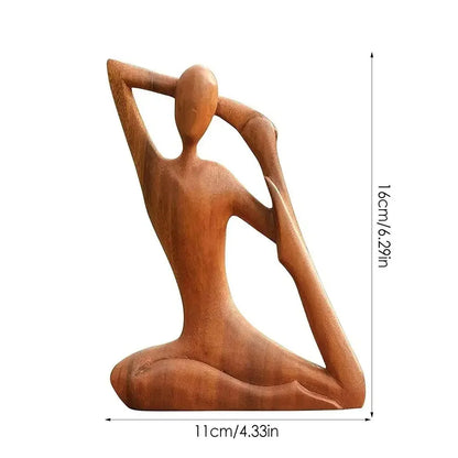 Still Forms Expand — abstract wooden yoga figure with arm arched behind head, natural wood sculpture, japandi style