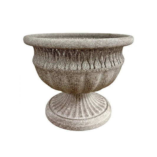 "Roman Urn" ornate stone-texture garden urn planter, Stone Grey finish, fluted pedestal base with acanthus leaf relief pattern, wide mouth opening, shown on white background

