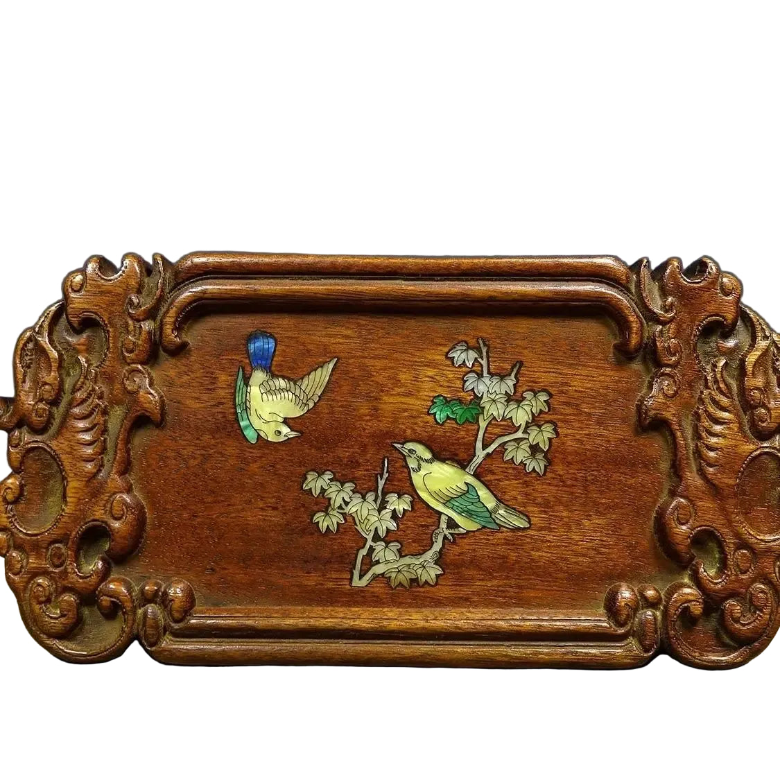 "Heritage Orchard" solid rosewood tea tray with hand-placed colourful shell inlay, bird and floral motif, 25x12cm — CL House Tea Time