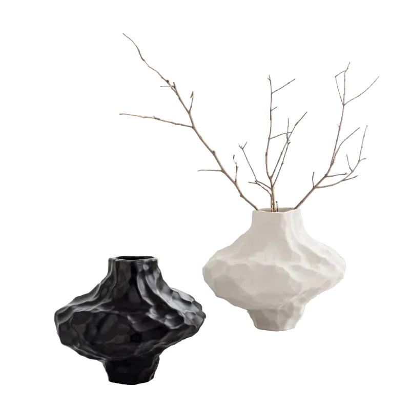  Cloud Form White and Black ceramic vases styled with dried branches, white background