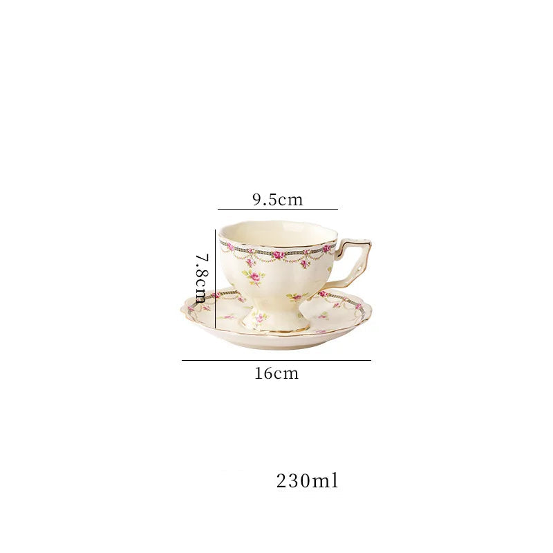 "Cream porcelain teacup and saucer with lemon botanical print pattern D and gold trim, 240ml — CL House Tea Time"