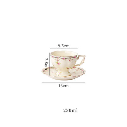 "Cream porcelain teacup and saucer with lemon botanical print pattern D and gold trim, 240ml — CL House Tea Time"