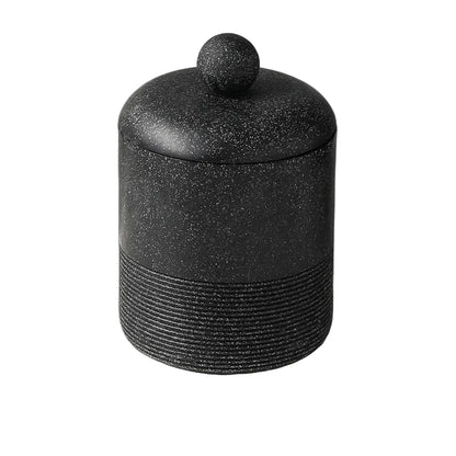  Midnight Stone wabi-sabi ceramic storage jar with domed lid and round ball knob, full front view on white background showing dark speckled stone texture and ribbed base detail