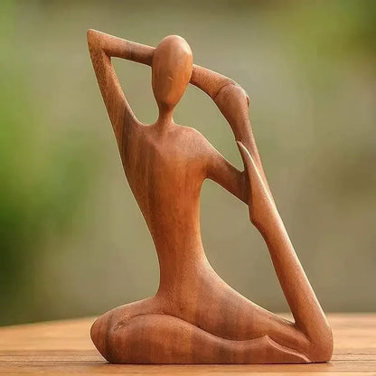 Still Forms Expand — abstract wooden yoga figure with arm arched behind head, natural wood sculpture, japandi style
