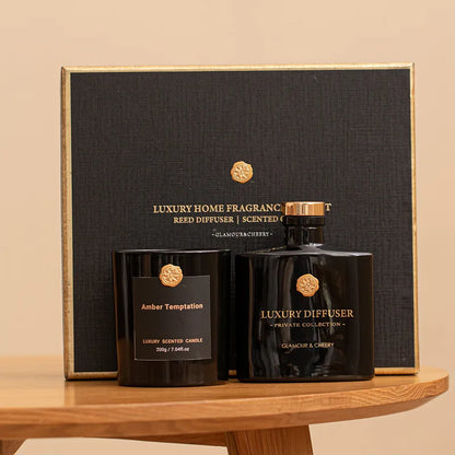 Glamour & Cheery Amber Temptation luxury reed diffuser and scented candle gift set — black edition