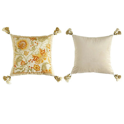 Wild Harvest" square cushion cover front and back view, ivory velvet with amber and gold floral embroidery and corner tassels — CL House Cushions collection