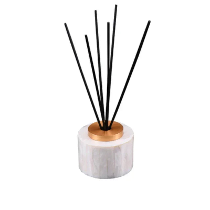 Natural shell mosaic reed diffuser with black rattan sticks — Pearl White finish — CL House