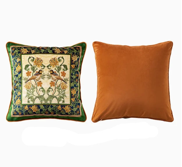"Songbird Garden" botanical velvet cushion cover — cream and dark green ground with two birds among chrysanthemums and acanthus scrolls, dense floral border, terracotta reverse with green piping, 45×45cm — CL House