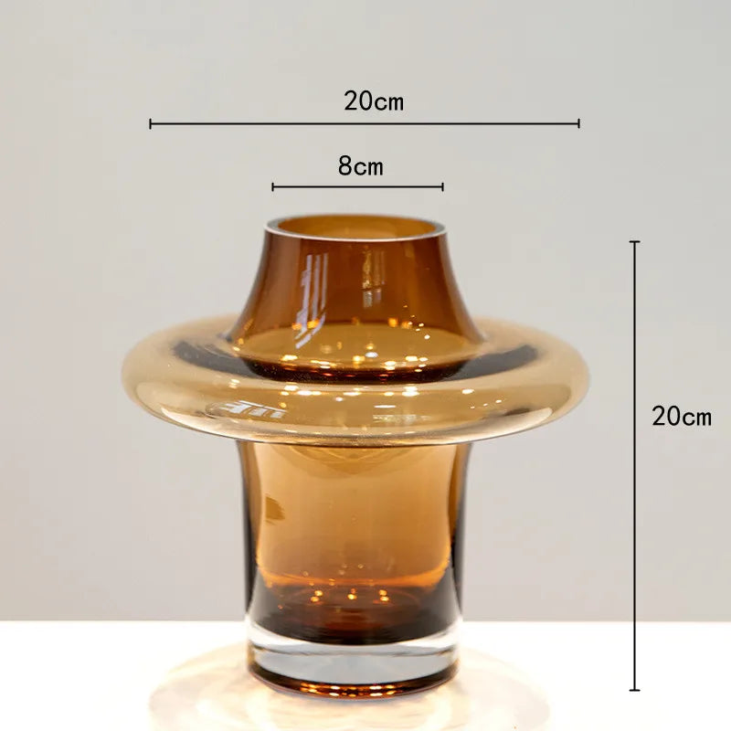 "Amber Disc" Sculptural Glass Vase — Small, warm amber glass disc vase, minimalist wabi-sabi decorative accent