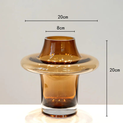 "Amber Disc" Sculptural Glass Vase — Small, warm amber glass disc vase, minimalist wabi-sabi decorative accent