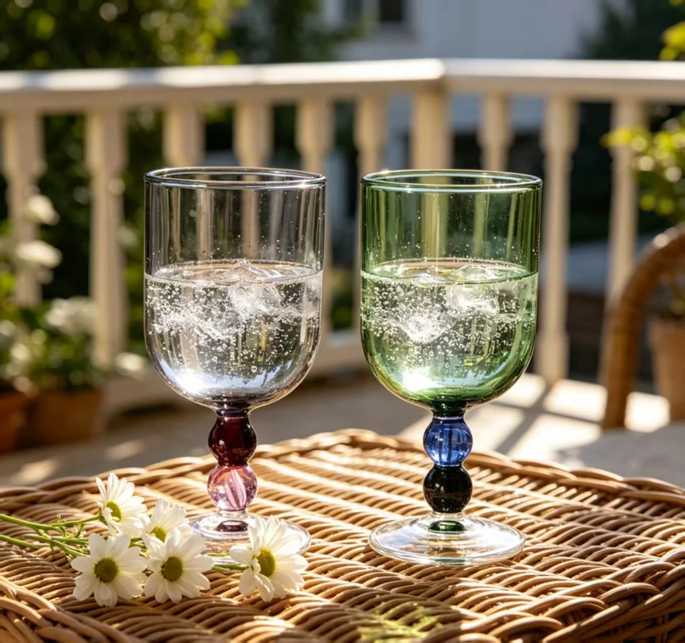  "Chromatic Orb" glass goblets in smoke grey and forest green filled with sparkling water and ice, on a wicker tray outdoors with white daisies
