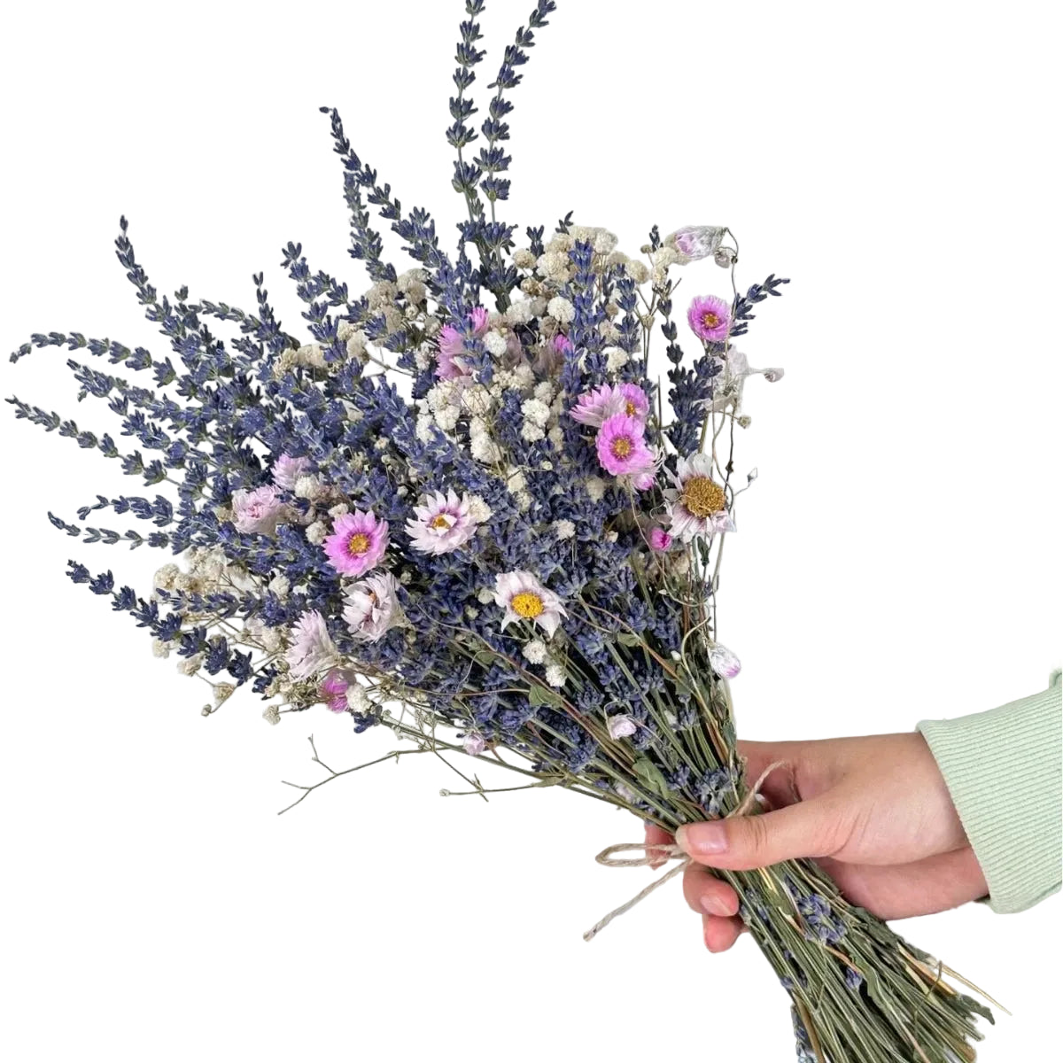 "Wild Bloom" dried mixed flower bouquet in Blush Garden — soft pink dried daisy, gypsophila and bunny tail stems, natural wildflower arrangement