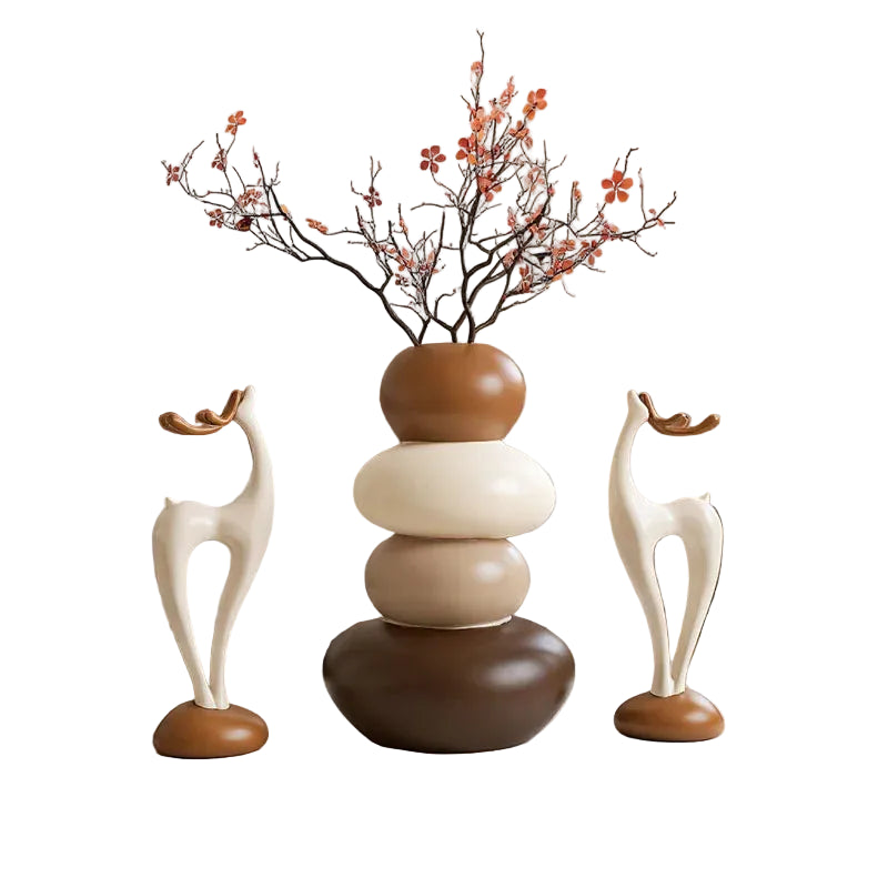 "Stone Stack" Vase & Deer Sculpture Set — complete set, ivory sand and walnut tones