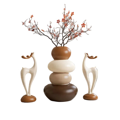 "Stone Stack" Vase & Deer Sculpture Set — complete set, ivory sand and walnut tones